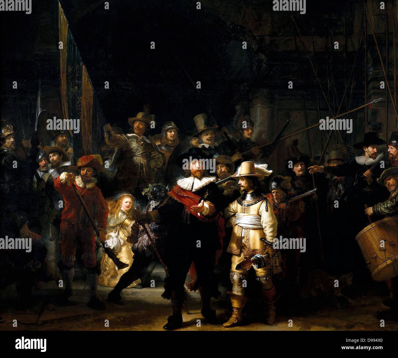 Die Nachtwache" oder "Die Miliz von Kapitän Frans Banning Cocq', 1642. Öl auf Leinwand. Rembrandt van Rejn (1606-1669) niederländischer Maler. Männer des Civic guard. Stockfoto