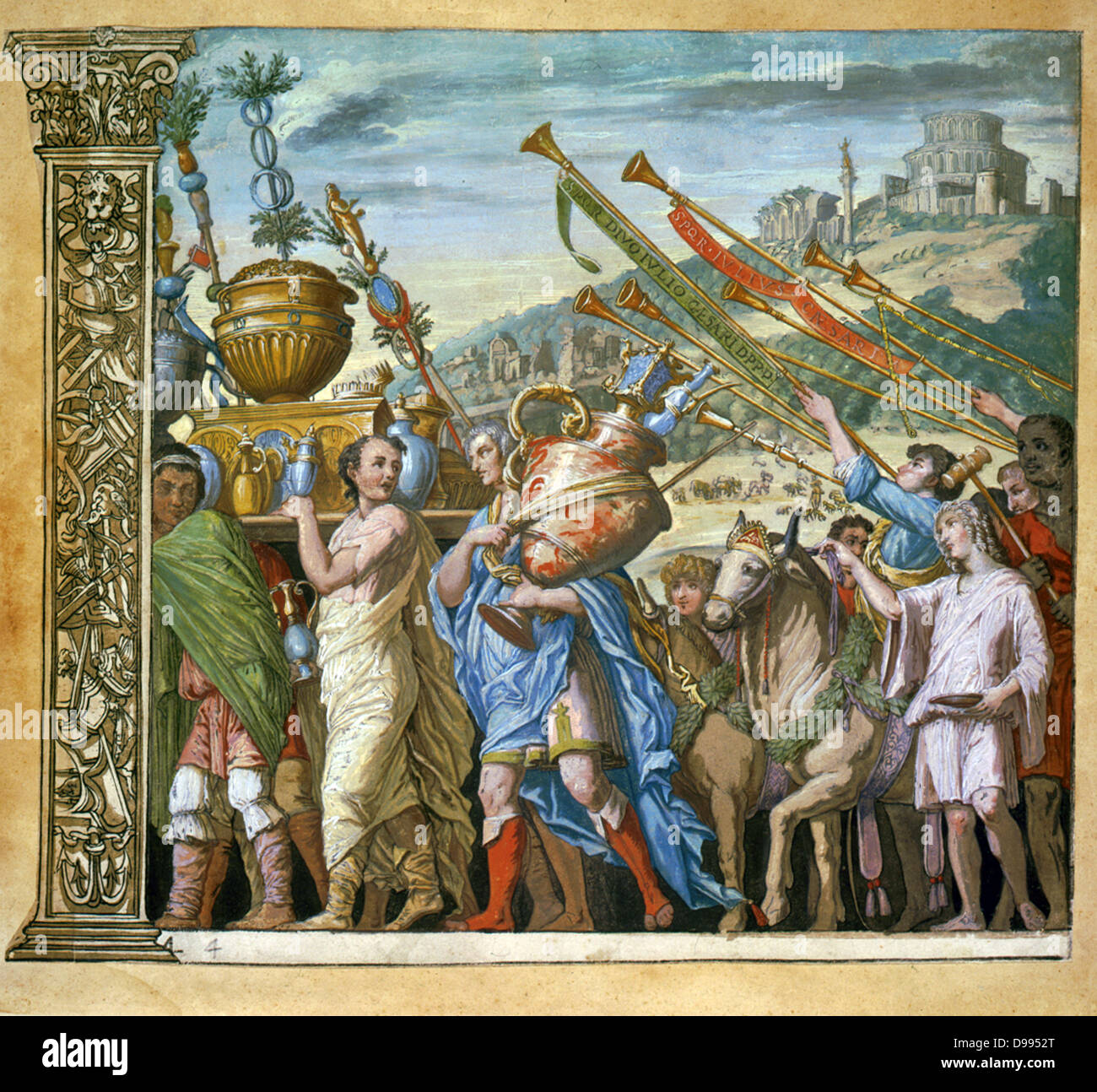 Der Triumph des Julius Caesar, Andrea Andreani (1540-1623), italienische Holz Stecher. Platte 4 von seinem 'Triumphus Caesari 'c 1598, nach Andrea Mantegna (1431-1506) italienischer Künstler. Trompeter folgenden Trophäen im Triumphzug. Stockfoto