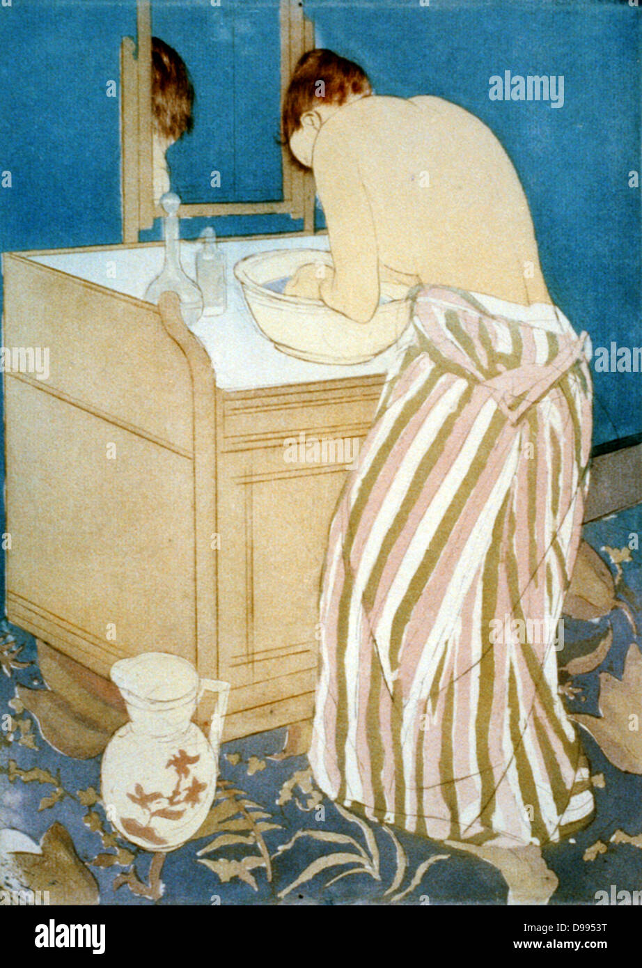 Frau Waschen', 1890-1891. Die kaltnadel und Aquatinta, die in Farbe gedruckt werden. Mary Cassatt (1844-1926), US-amerikanischer Maler und Grafiker, die ab 1866 vor allem in Frankreich lebte. Beeinflusst von japanischen Farbholzschnitten. Stockfoto
