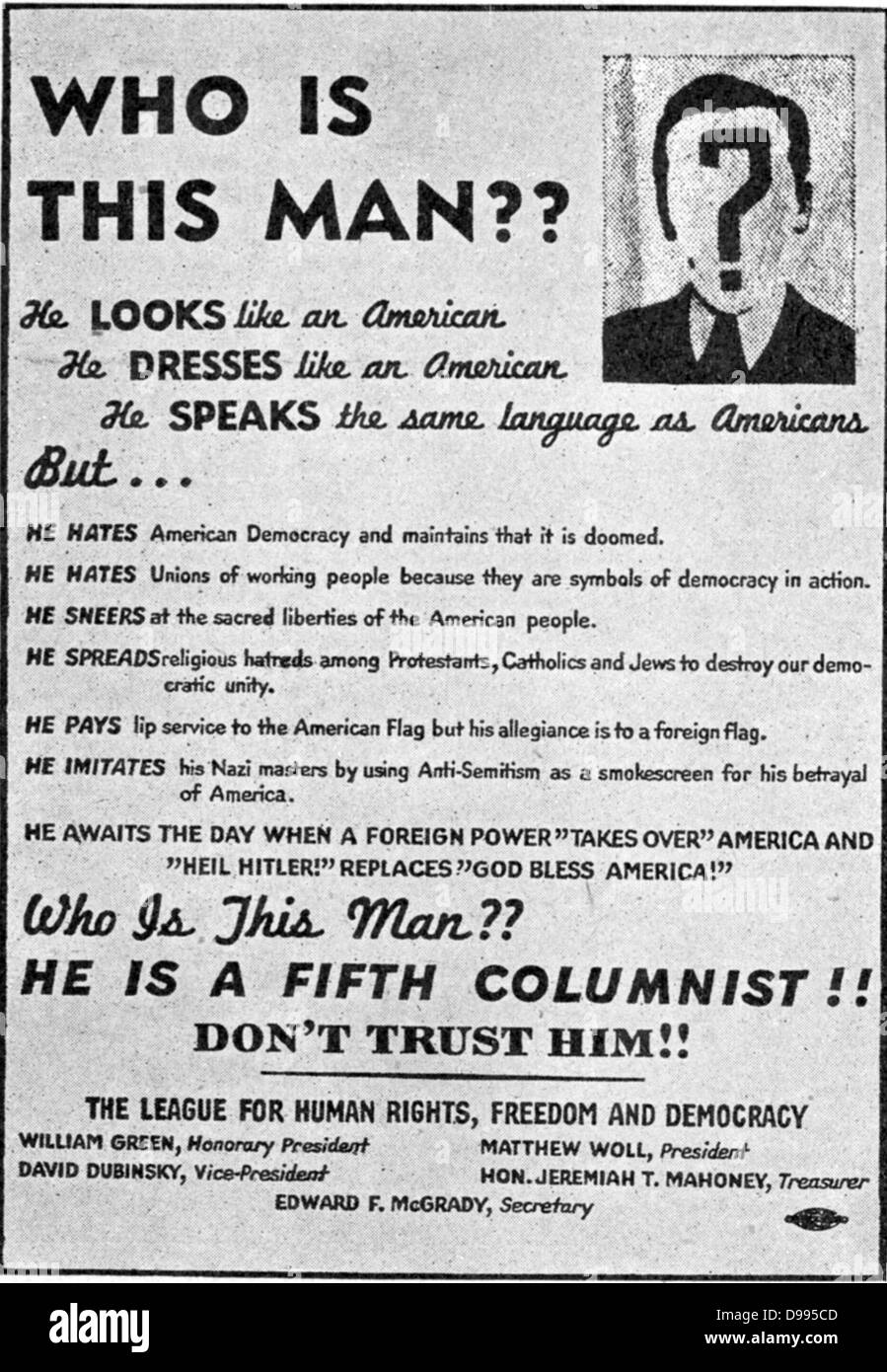 Anti-Nazi Warnung vor dem fünften columinsts. Propaganda in den Vereinigten Staaten während des Zweiten Weltkriegs veröffentlicht, die von der Liga für Menschenrechte, Freiheit und Demokratie. Stockfoto