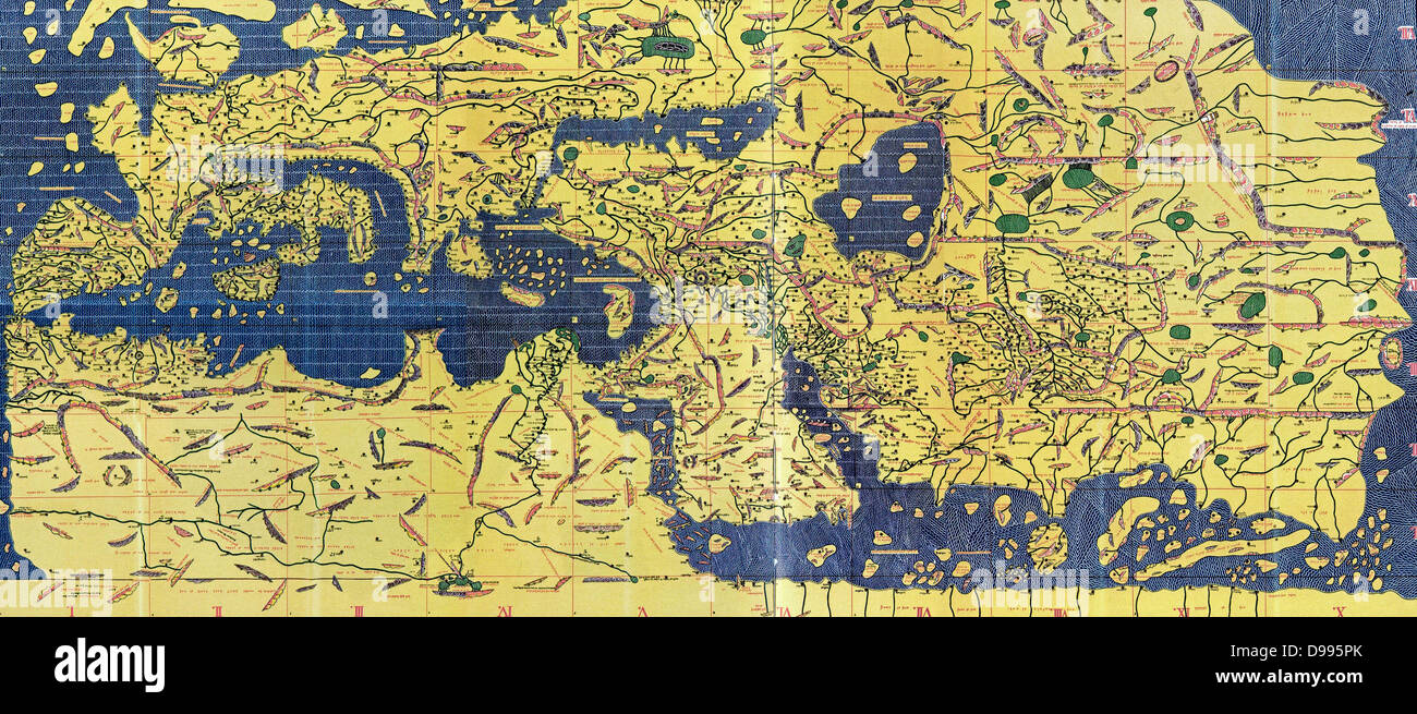 Die Tabula Rogeriana, gezeichnet von al-Idrisi für Roger II. von Sizilien 1154, eine wichtige antike Weltkarte. Stockfoto