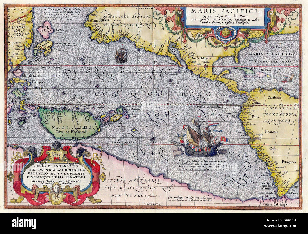 Maris Pacifici von Ortelius (1589). Eines der ersten gedruckten Karten, den Pazifischen Ozean zu zeigen; Stockfoto