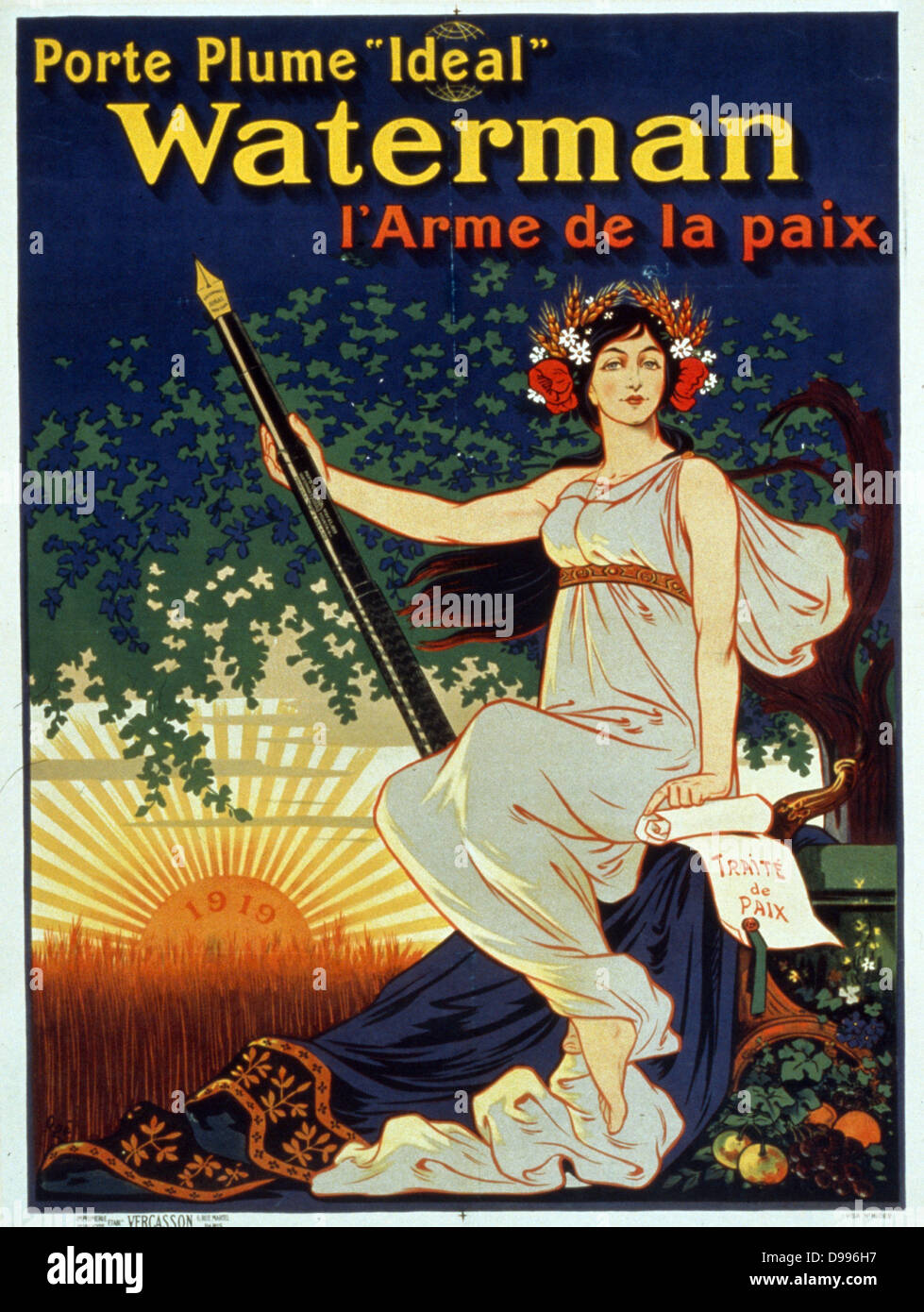 Porte plume 'Ideal' Waterman l'Arme de la Paix. Einer Frau mit einem riesigen füllfederhalter. (Poster), Lithographie, Paris signiert: Ogé. 1896. Übersetzung des Titels: Die "Ideale" Waterman pen, die Waffe des Friedens. Stockfoto