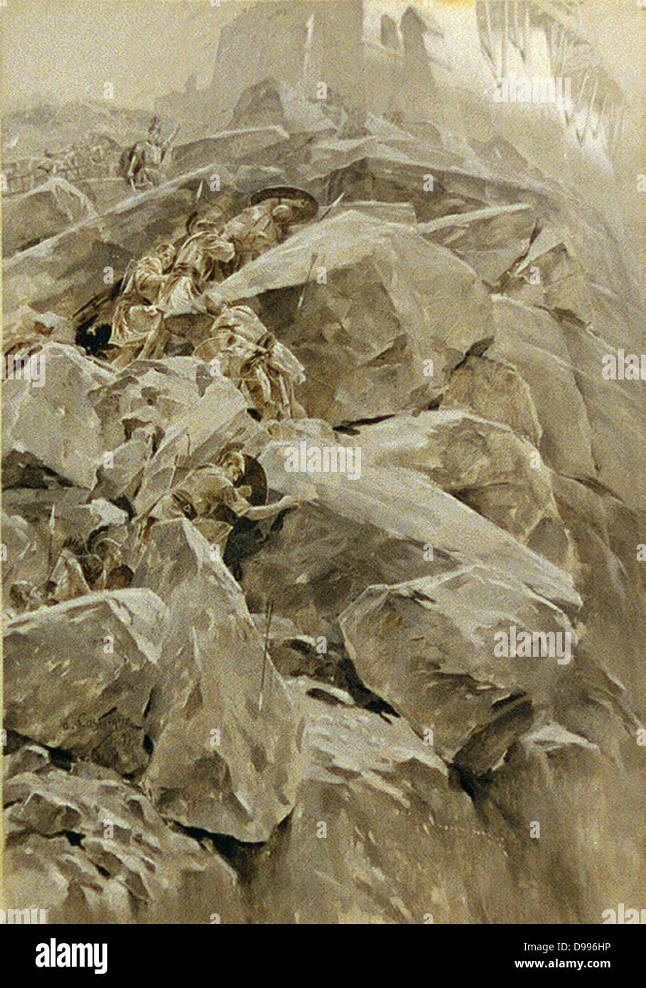 Alexander der große (356-323 v. Chr.), Angriff auf die Zitadelle auf dem Indus durch A. Castaigne.1899 Stockfoto