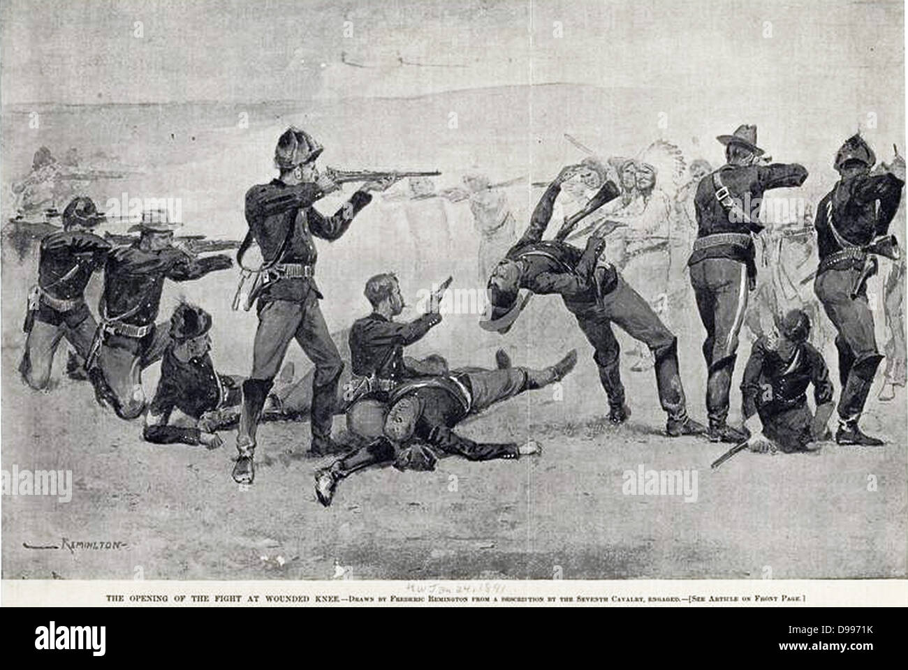 Frederic Remington 1861-1909 Künstler "Die Eröffnung des Kampfes am Wounded Knee". 1890 Stockfoto
