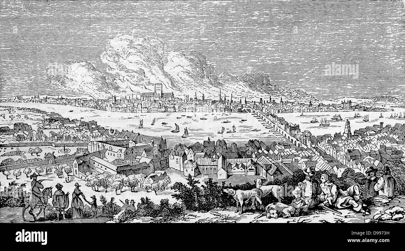 Großen Brand von London 1666 viktorianischen Gravur, nach Visscher Stockfoto