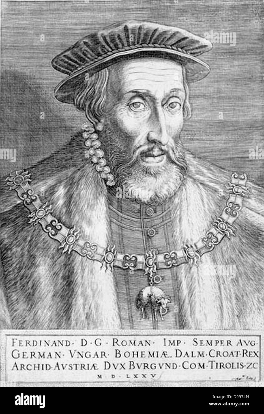 Ferdinand I., Kaiser des Heiligen Römischen Reiches 1503-1564. Zentrale europäische Monarch aus dem Haus Habsburg. Erzherzog von ordnete die österreichischen Habsburger Besitzungen als Erzherzog von Österreich. Nach dem Tod seines Schwagers Ludwig II., Ferdinand regiert als König von Böhmen und Ungarn (1526 - 1564). Als Charles freiwillig 1556 zurückzog, Ferdinand wurde zu seinem Nachfolger als Kaiser des Heiligen Römischen Reiches. kupferstich von Martin Rota Kolunic C. 1540-1583 Stockfoto