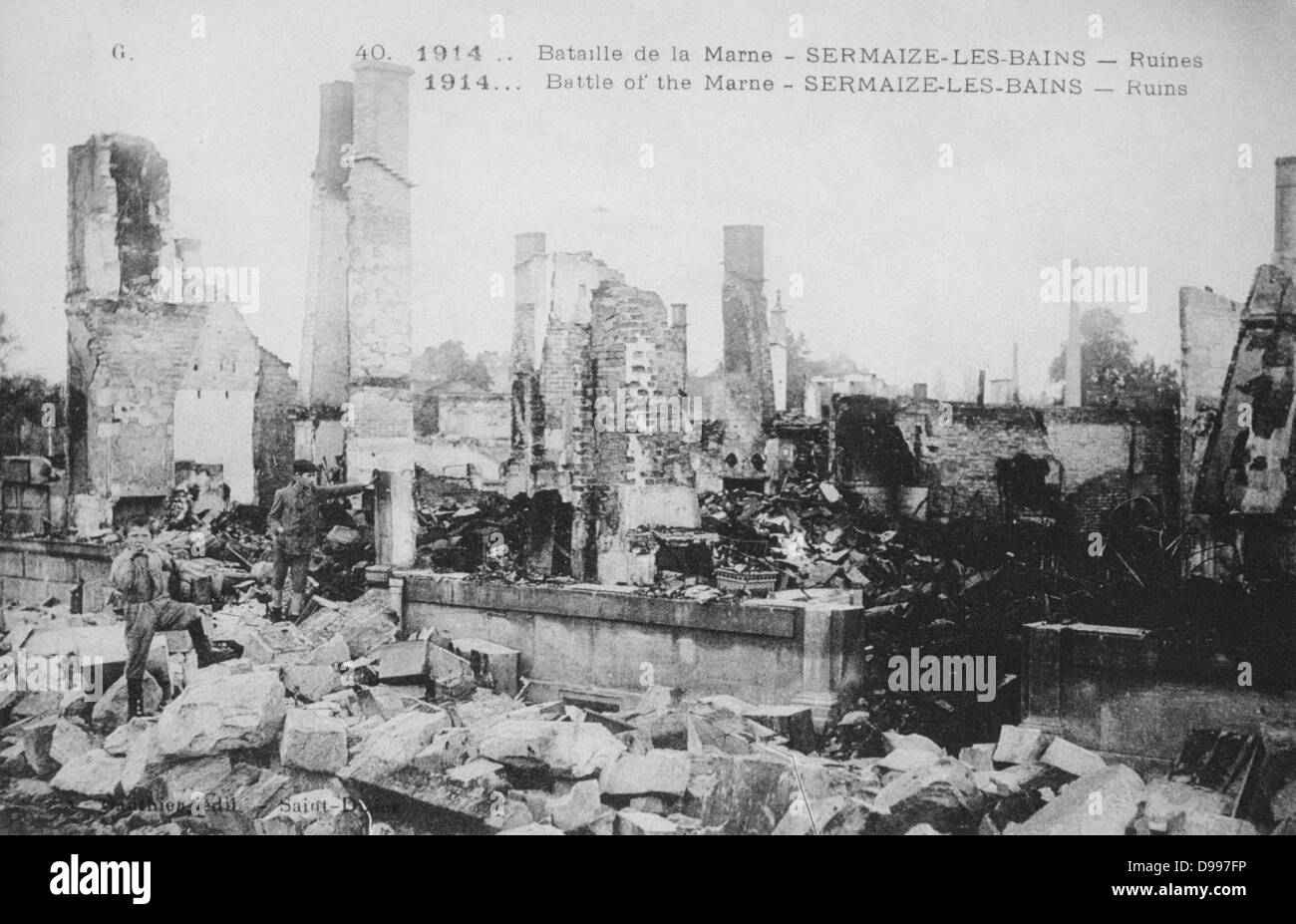 Der erste Weltkrieg 1914-1918: Nach der ersten Schlacht an der Marne, in der Nähe von Paris, Frankreich, 12. September 1914 - Ruinen von Sermaize-les-Bains. Die Schlacht war ein strategischer Sieg der Alliierten. Stockfoto