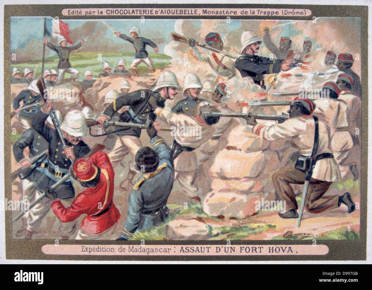 Erste Franco-Hova Krieg 1883-1886: Französische Angriff auf Fort Hova. Krieg endete mit dem Vertrag von Tamatave, Januar 1886. Frankreich, Kolonisation, Schlacht, Solar, topee Malagassy, Madagaskar, Chromolithograph, Handel Karte Stockfoto