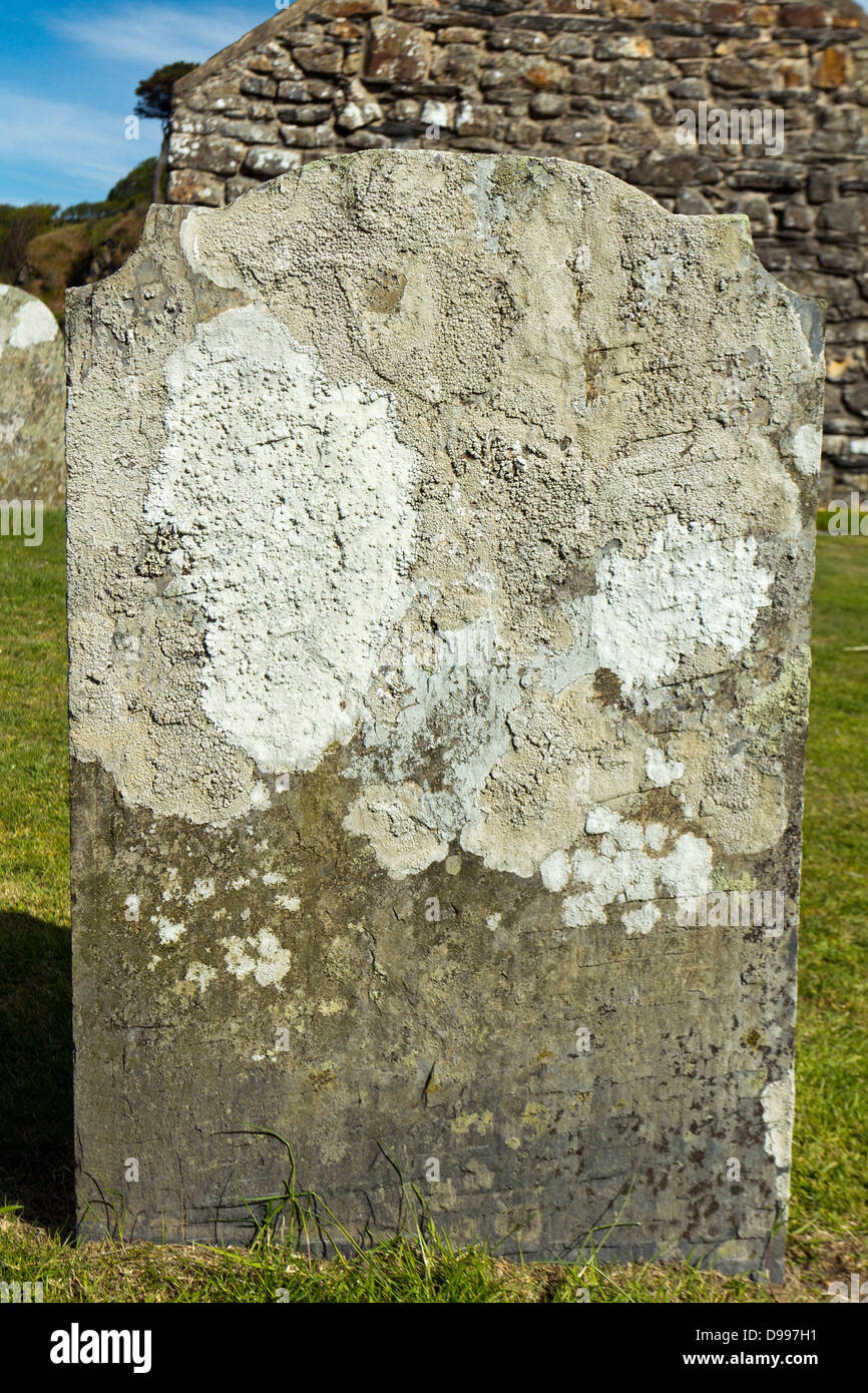 Alte Grabsteine abgedeckt in Flechten in der St. Brynach Kirche, Wales Stockfoto