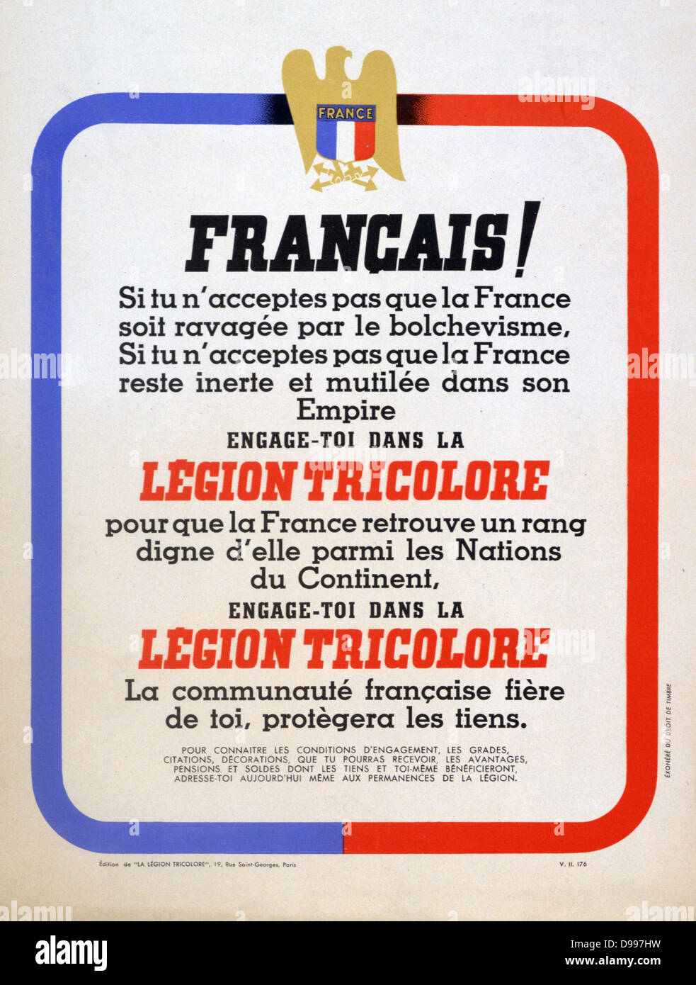 Weltkrieg 1939-1945: Plakat für die Legion Tricolore, einem erfolglosen Vichy Regierung versuchen, zwischen Juli bis Oktober 1942 eine kämpfende Einheit der Französischen Mitarbeitern und Freiwilligen zu erstellen unabhängig von der Deutschen. Frankreich Stockfoto