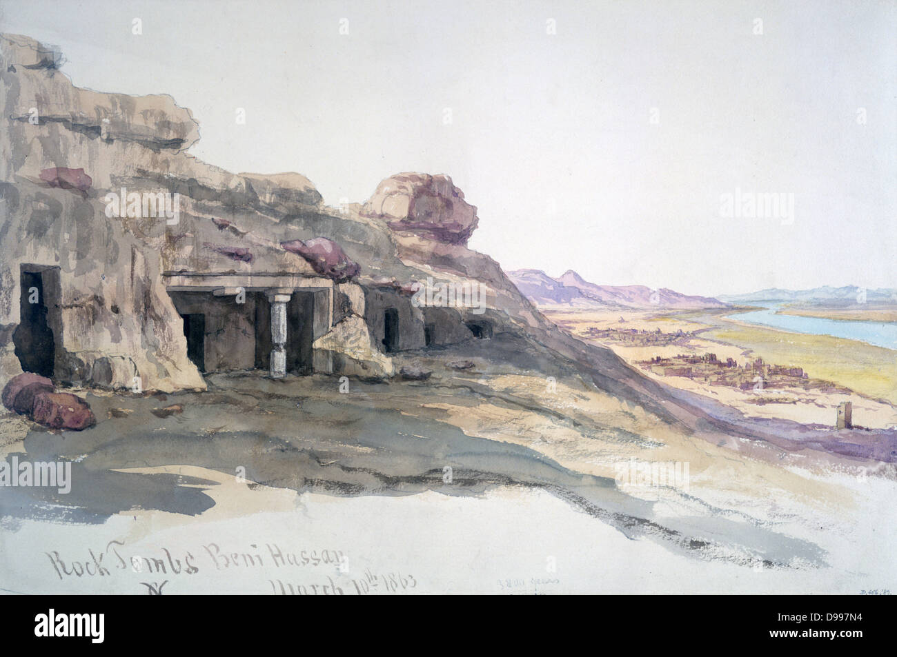 Rock Tombs Beni Hussan ", 1863.  Charles Vacher (1818-1883), britischer Künstler.  Alten Ägypten archäologische Ruinen Tod Beerdigung Stockfoto