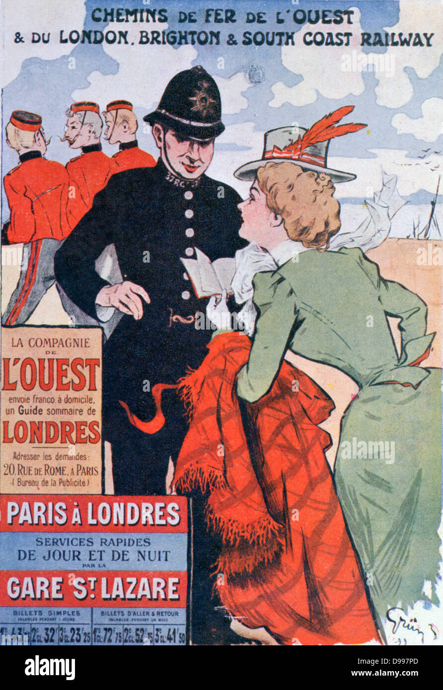 Werbung für Eisenbahnunternehmen, die der Westen Paris-London boot Zug, c 1900. Eine französische Dame Besucher fragt, einem Londoner Polizisten für Hilfe. Soldaten im Hintergrund Verkehr Schiene Marine International England Frankreich Tourismus Stockfoto