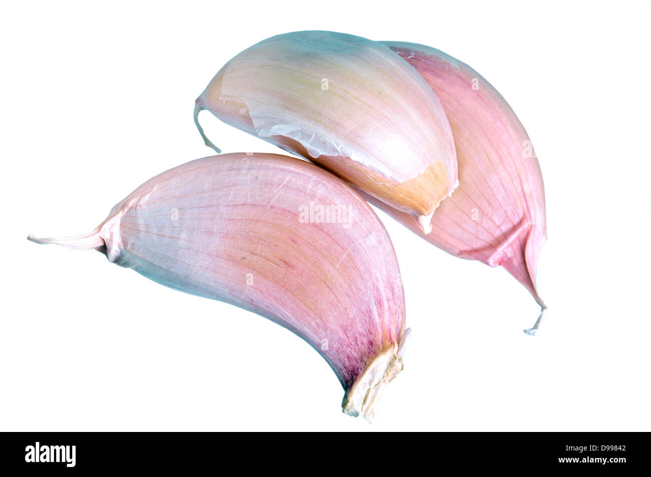 Makroaufnahme von drei Stücken von Knoblauch Stockfoto