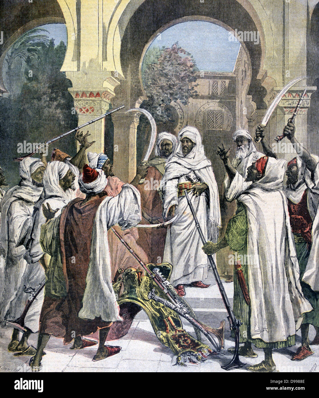 Stammeshäuptlinge vereidigung Loyalität zu den Sultan von Marokko. Moulay Hassan (1836-1894) Sultan als Hassan I 1873-1894. Von "Le Petit Journal", Paris, 17. August 1892. Afrika Stockfoto