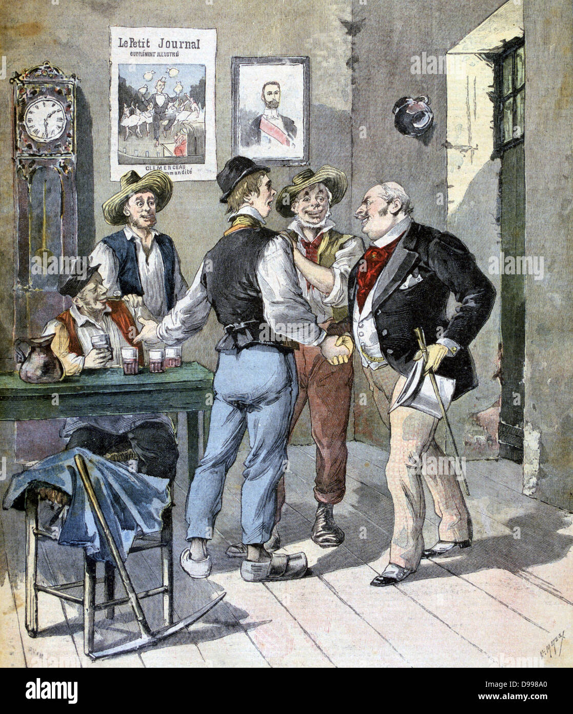 Vor der Wahl'. Elegant gekleidet Kandidat Händeschütteln mit Arbeit mit Männern, die ihn bedanken, es ist für die Getränke, die er gekauft hat. Von "Le Petit Journal", Paris, 2. September 1893. Politiker, Politik, Wähler, Bestechung Stockfoto