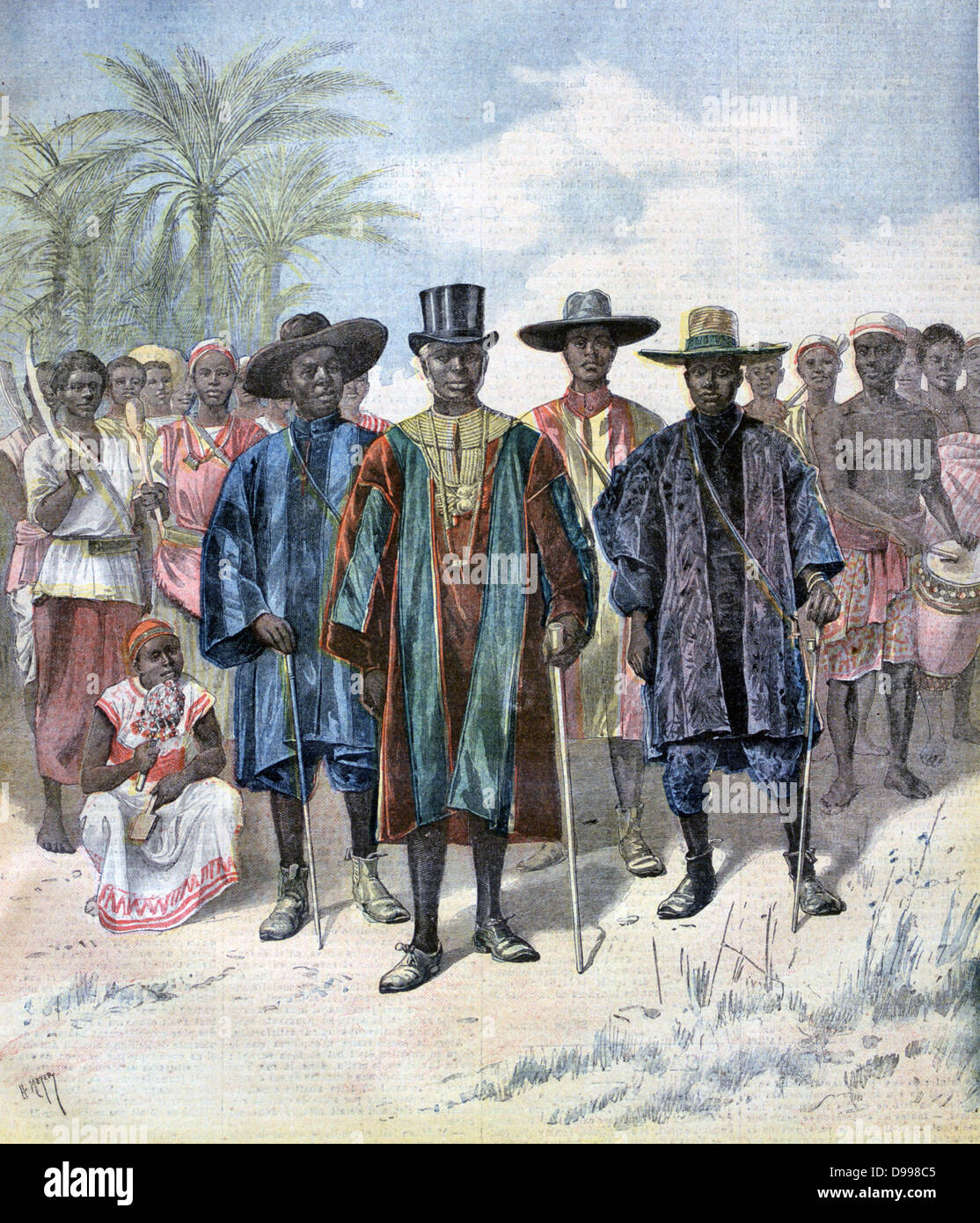 Prinz Kosko und vier des Königs von Dahomey Tiffa der Minister und ihrem Gefolge in der Champ-de-Mars, Paris. Von "Le Petit Journal", Paris, 22. April 1893. Frankreich, Afrika, Kolonialismus, Benin Stockfoto