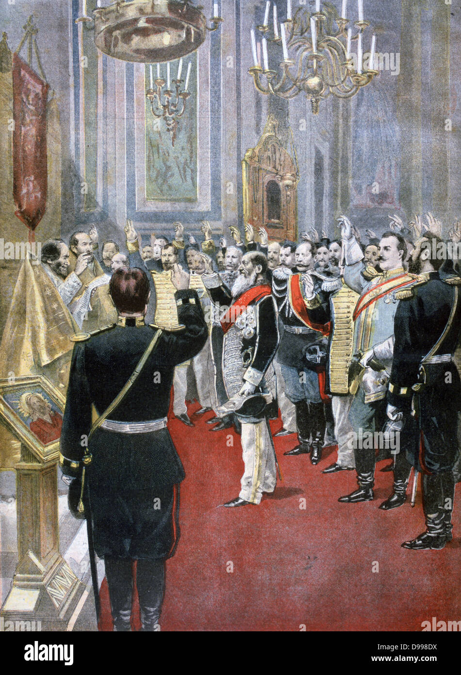 Der neue Zar Nicholas II, in der russischen Kirche, Paris schwören Treue.  Von "Le Petit Journal", Paris, 18. November 1894. Stockfoto