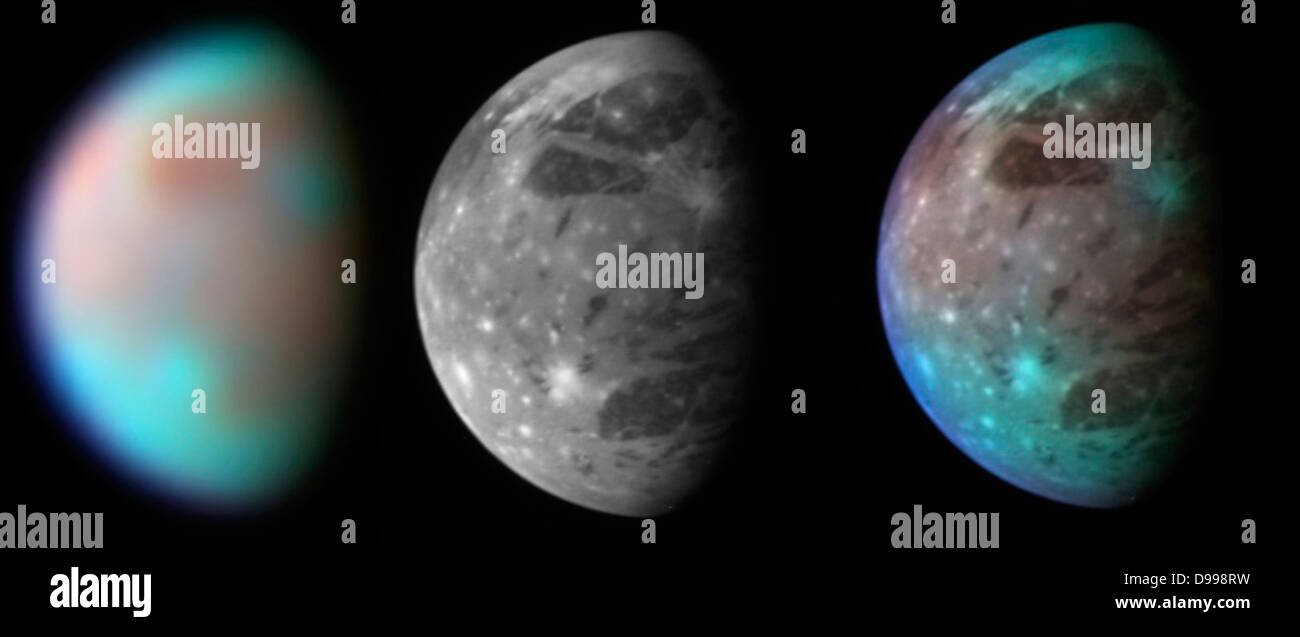 Diese Montage vergleicht neue Horizonte besten Aussichten des Ganymed, größter Mond des Jupiter. LORRI. Stockfoto