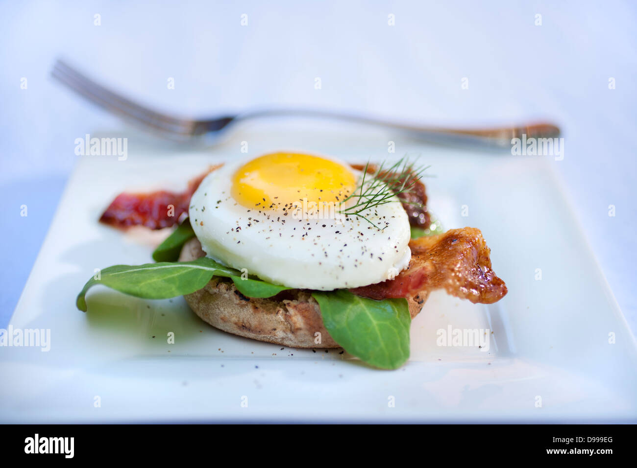 Pochierte Ei Speck und Rucola auf Englisch Muffin weiße Teller Stockfoto