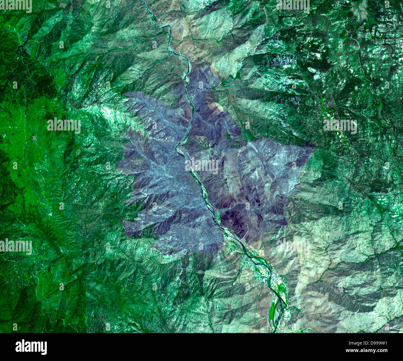 Bild der wildfire in der Nähe von Palmdale, Calif. am 1. August 2010. Die Krone Feuer genannt, die Flamme hatte verkohlte fast 57 Quadratkilometern. Satellitenbild. Stockfoto