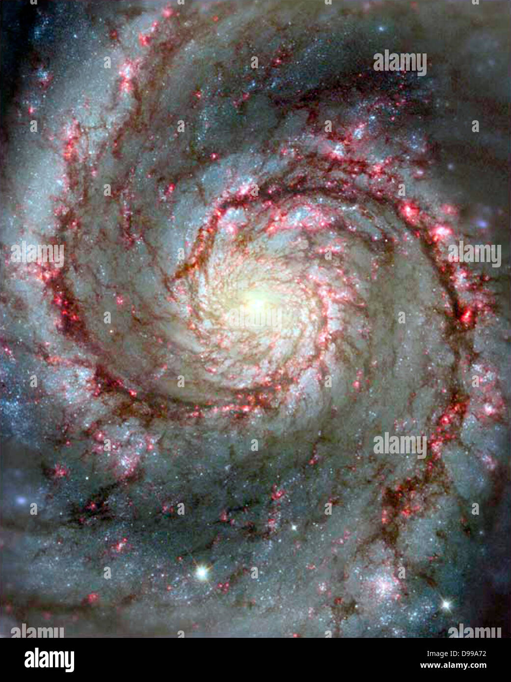 Die Spiralarme und Staubwolken in der nahe gelegenen Whirlpool-Galaxie. Hubble Space Telescope (HST). Stockfoto