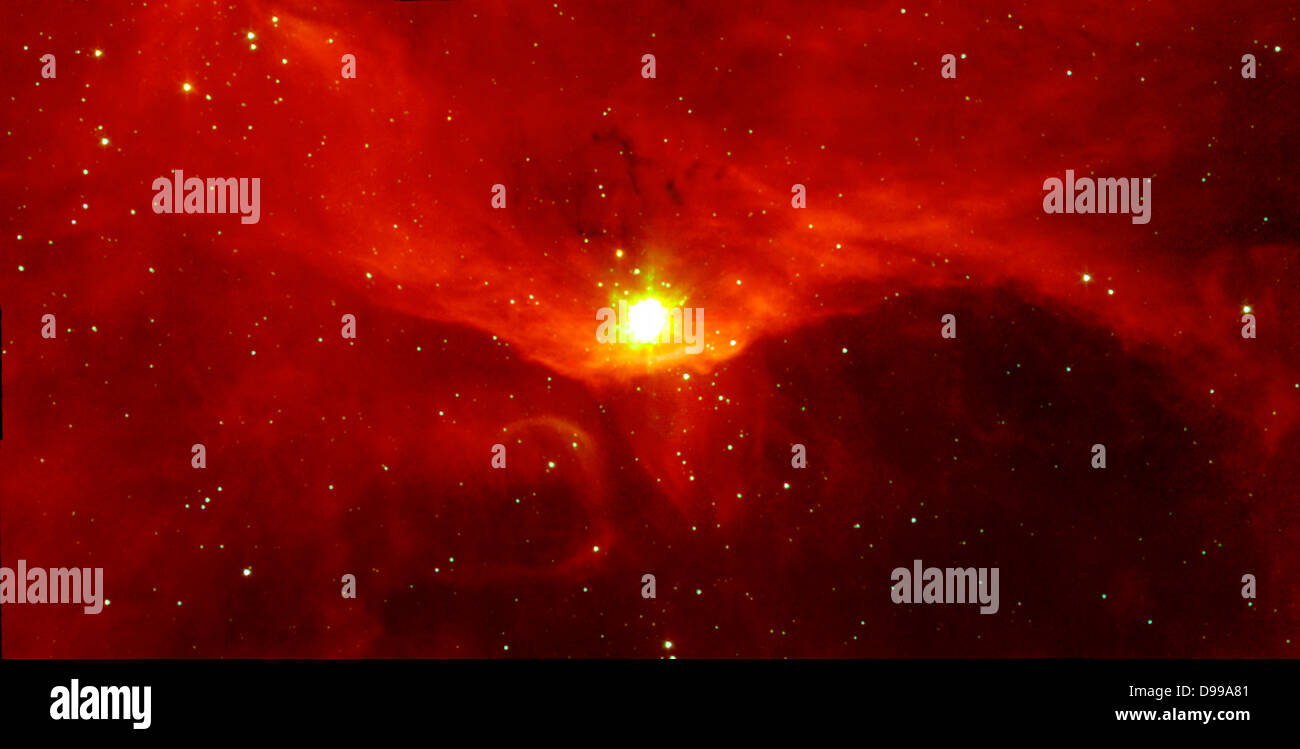 Sharpless 140 liegt fast 3000 Lichtjahre von der Erde entfernt im Sternbild Cepheus. Ihr Herzstück ist ein Cluster aus drei Tief eingebettete junge Sterne, die jeweils mehrere tausend Mal heller als die Sonne, Spitzer Space Telescope. Stockfoto