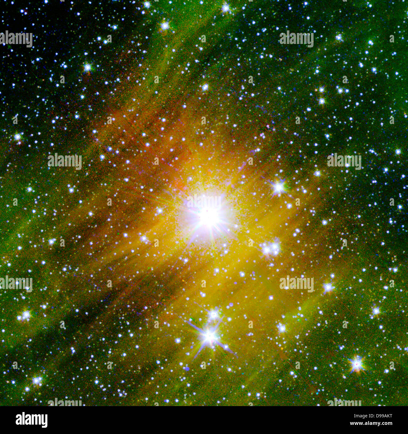 Zwei extrem helle Sterne eine grünliche Nebelschwaden in diesem Bild beleuchten aus der neuen "BLICK 360' Umfrage von NASA's Spitzer Space Telescope. Stockfoto