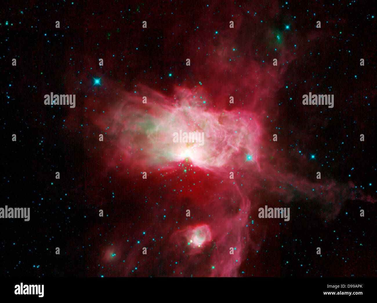 Dieses Mosaik Bild aufgenommen von der NASA-WISE, verfügt über drei Nebel, die Teil der riesigen Orion Molekülwolke. In dieser Ansicht werden die Flamme nebula, der Pferdekopfnebel und NGC 2023. Stockfoto