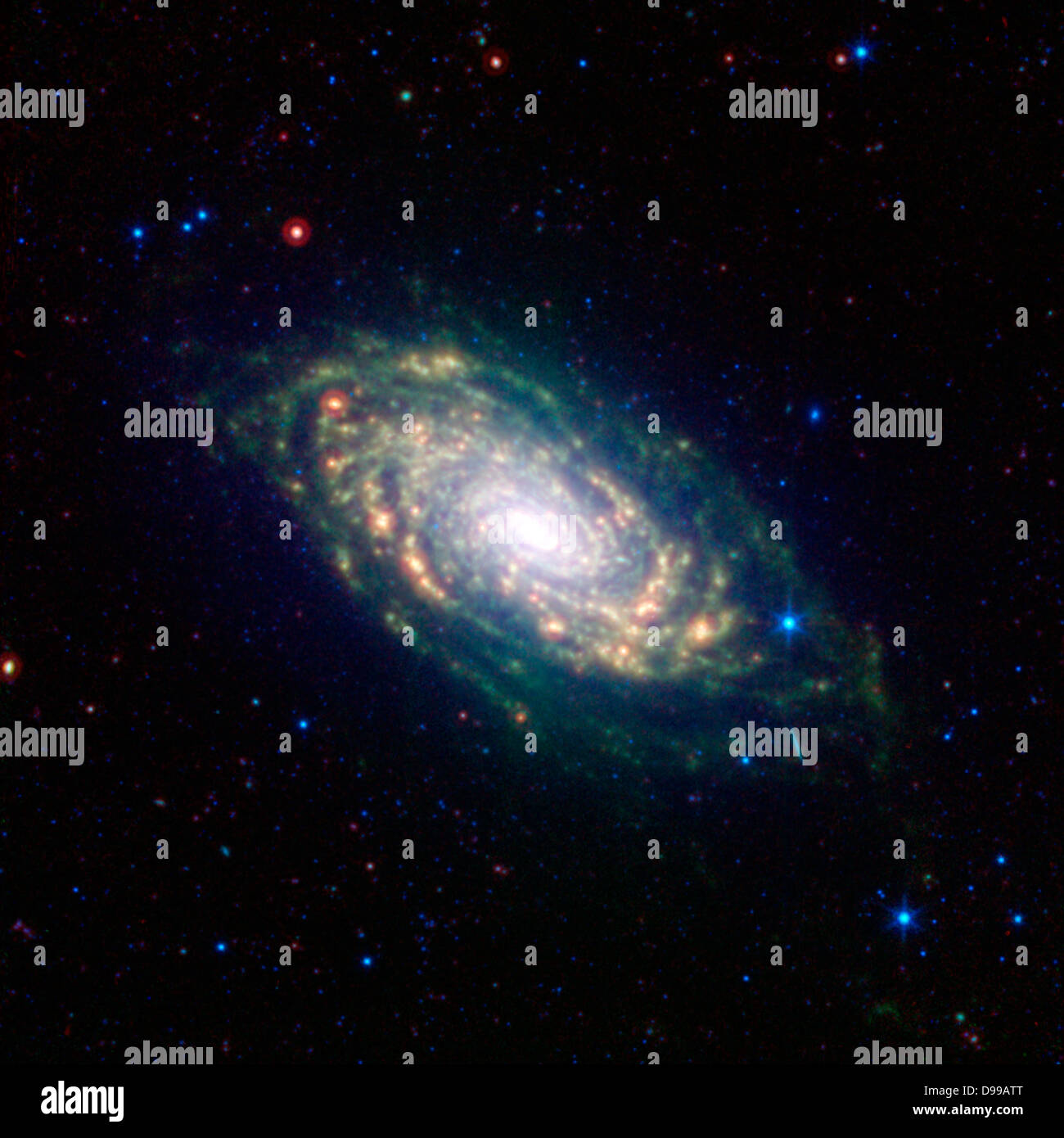 Die verschiedenen Spiralarm Segmente der Sunflower Galaxy, auch Messier 63 genannt, zeigen sich anschaulich in dieses Bild im infraroten Licht von NASA's Spitzer Space Telescope. Stockfoto