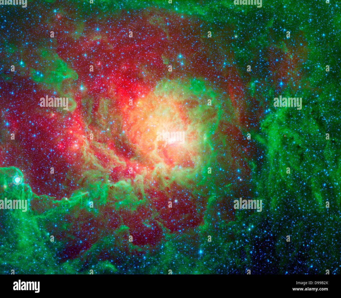 Wirbelnde Staubwolken und hellen neugeborenen Sterne der Blick in diesem Bild der Lagune Nebel von NASA's Spitzer Space Telescope dominieren. Auch Messier 8 und NGC 6523 bekannt, Astronomen schätzen es zwischen 4000 und 6000 Lichtjahre entfernt zu sein, liegt in der allgemeinen Ausrichtung der das Zentrum unserer Galaxie im Sternbild Schütze. Stockfoto