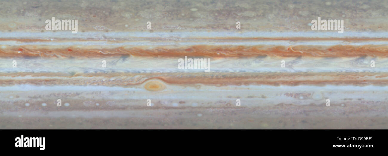 Diese Single Frame von einer Farbe Film von Jupiter von der NASA-Raumsonde Cassini zeigt, wie es aussehen würde den gesamten Globus von Jupiter zum Unpeel, es erstreckt sich auf einer Wand in Form einer rechteckigen Karte. Stockfoto