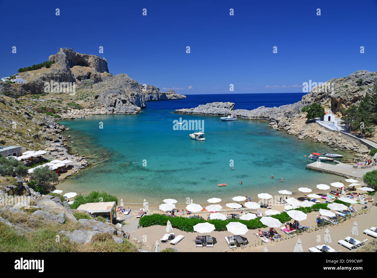 St Pauls Bay, Lindos, Rhodos (Rodos), die Dodekanes, Region südliche Ägäis, Griechenland Stockfoto