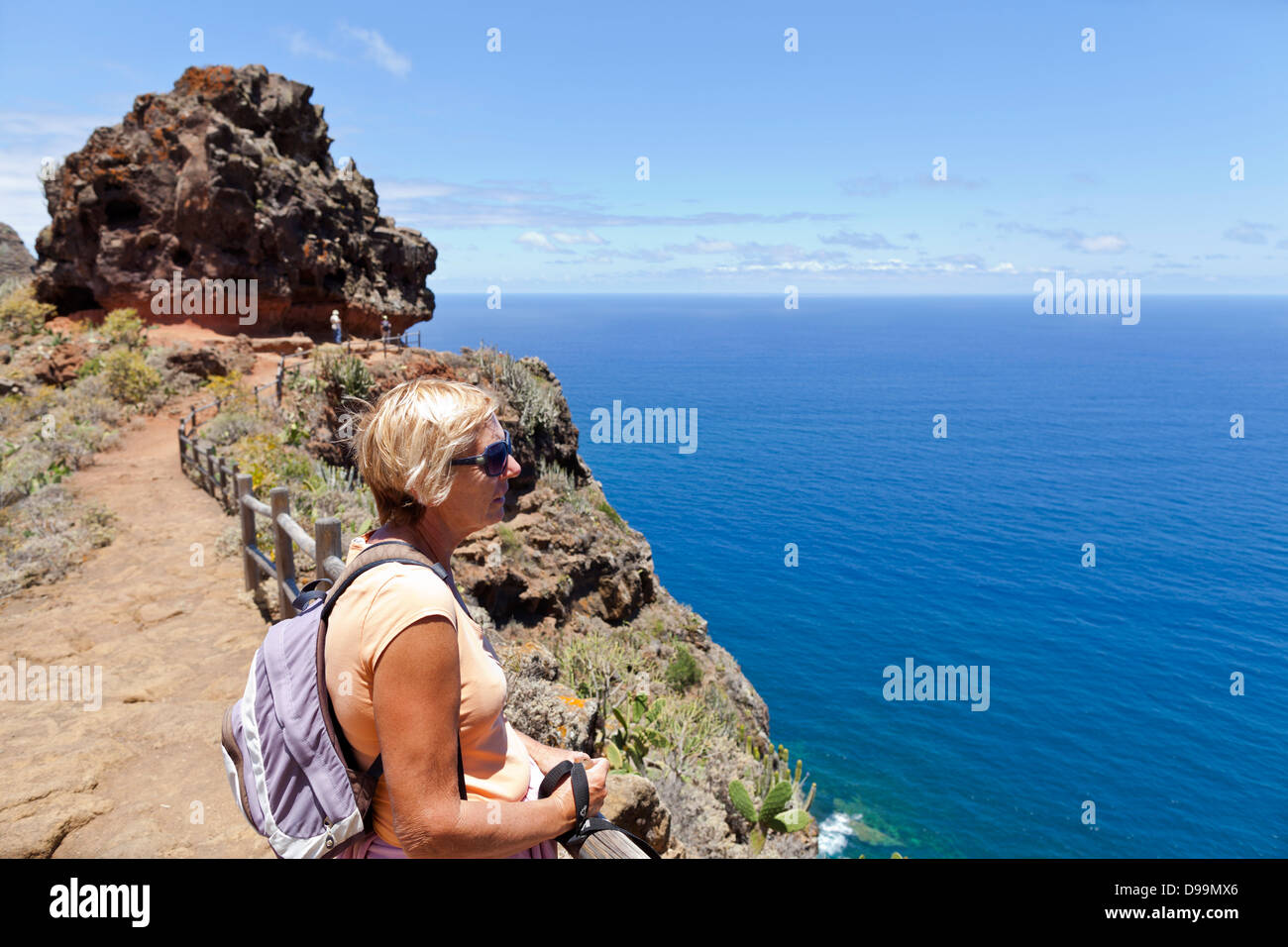 Sicht oder Mirador auf dem Weg von Cruz del Carmen zur Punta Hidalgo im Anaga, Teneriffa, Kanarische Inseln, Spanien. Stockfoto