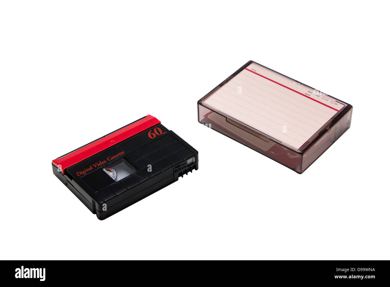 Mini DV-Videokassette isoliert auf weißem Hintergrund. Stockfoto