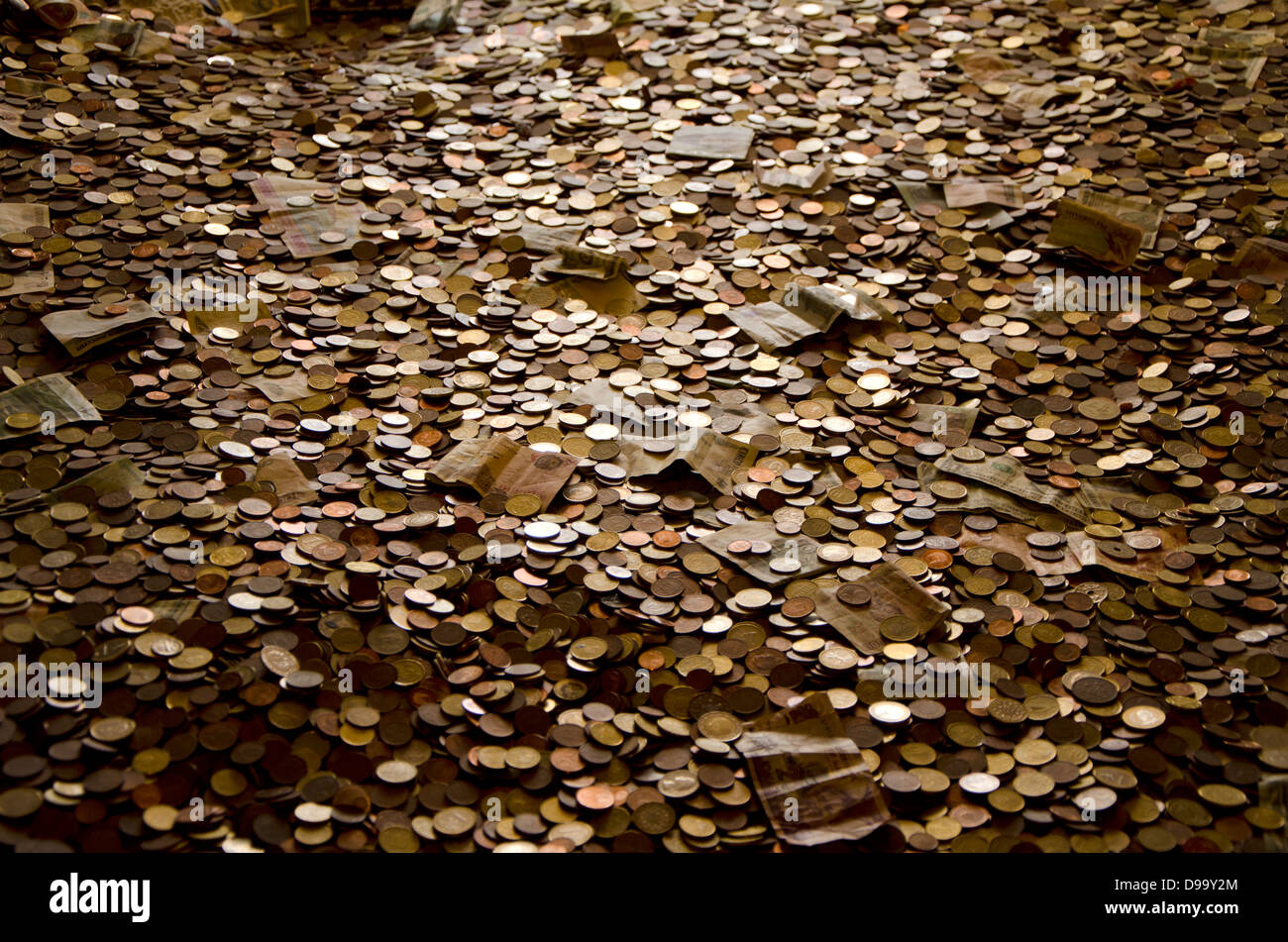 Münzen und Scheine spendeten die Kathedrale de Santa Cruz im Zentrum von Cadiz, Andalusien, Spanien. Stockfoto