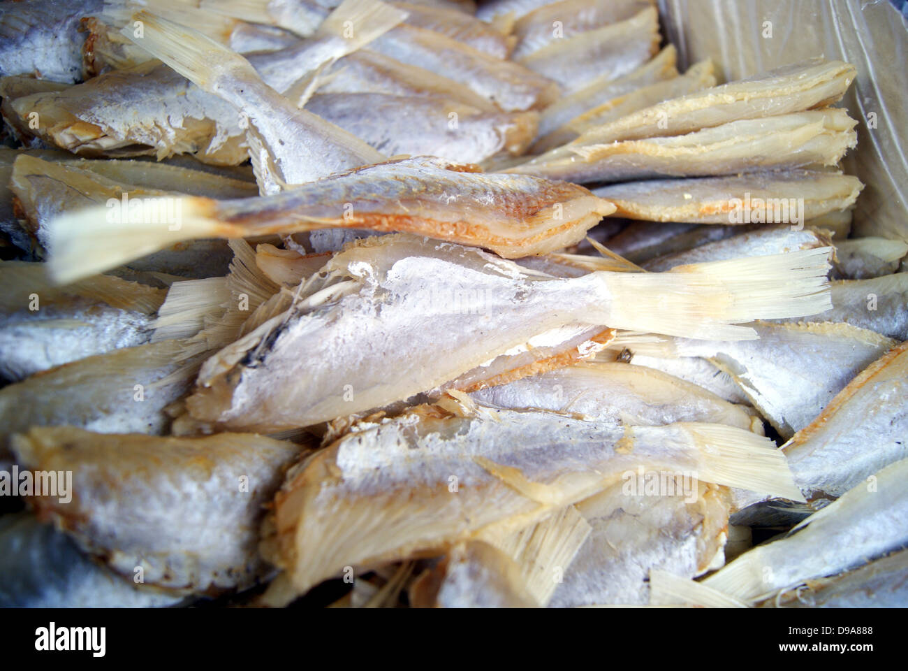 Ein Haufen getrocknete Salzfisch, Umsatz in den Fischmarkt. Stockfoto