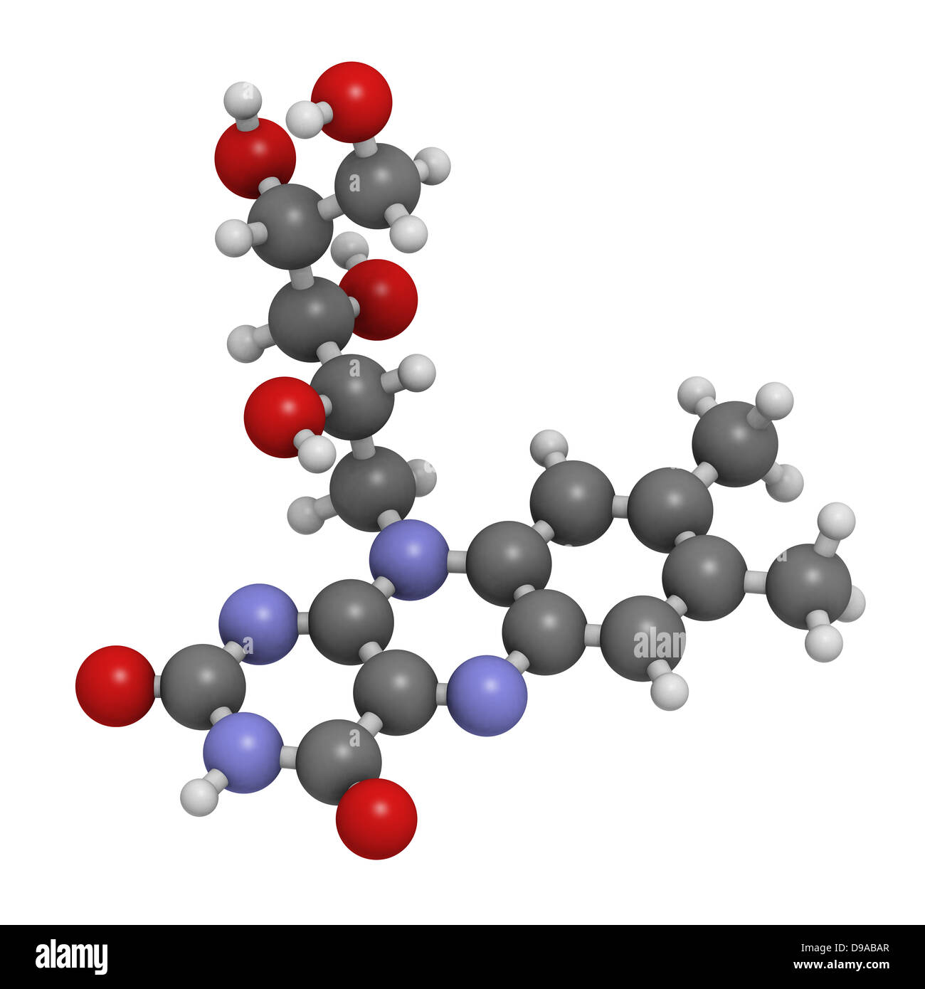 Vitamin B2 (Riboflavin), molekulare Modell. Atome werden als Kugeln mit konventionellen Farbkodierung dargestellt. Stockfoto