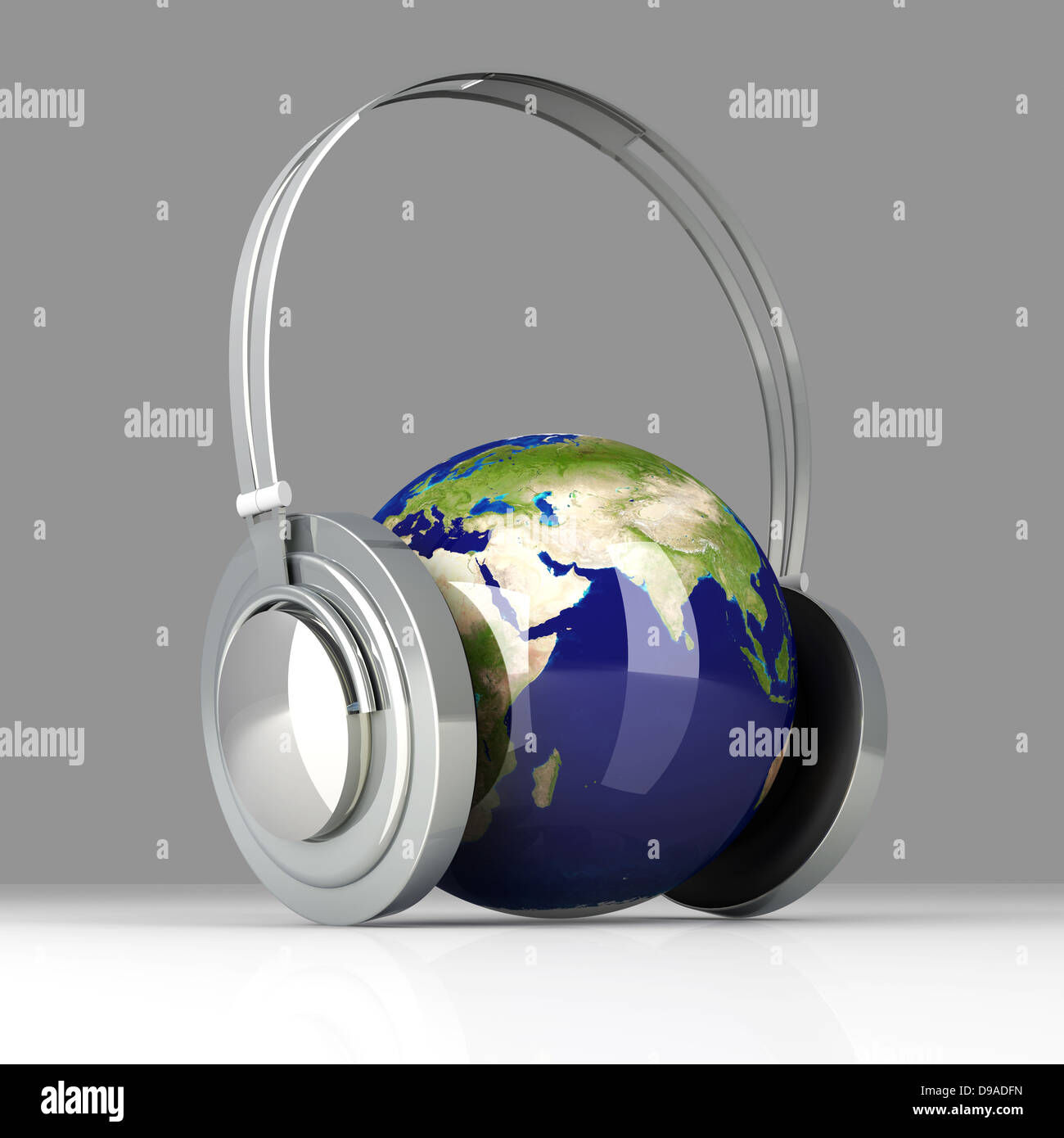 Die Musik von Asien. Kopfhörer und eine Weltkugel. 3D gerenderte Darstellung. Stockfoto