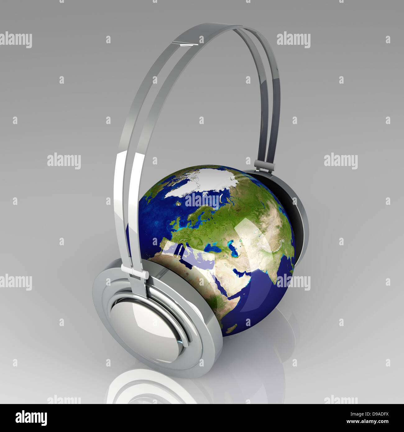 Die Musik von Asien. Kopfhörer und eine Weltkugel. 3D gerenderte Darstellung. Stockfoto
