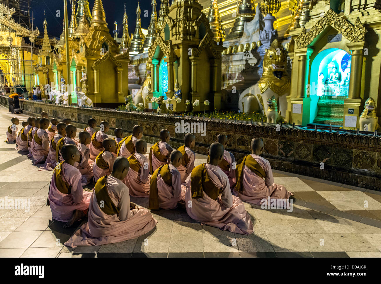 Nonnen beten im buddhistischen Tempel Shwedagon Pagode oder große Dagon Pagode oder Goldene Pagode Yangon (Rangoon) Burma Myanmar Stockfoto