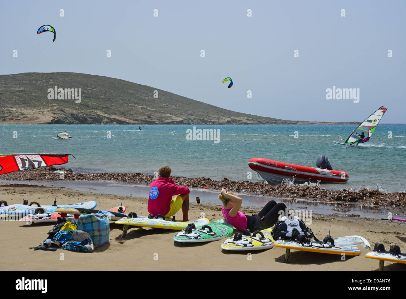 Kitesurfen und Windsurfen Strand auf Rhodos (Rodos), die Dodekanes, Prassonissi, South Aegean Region, Griechenland Stockfoto