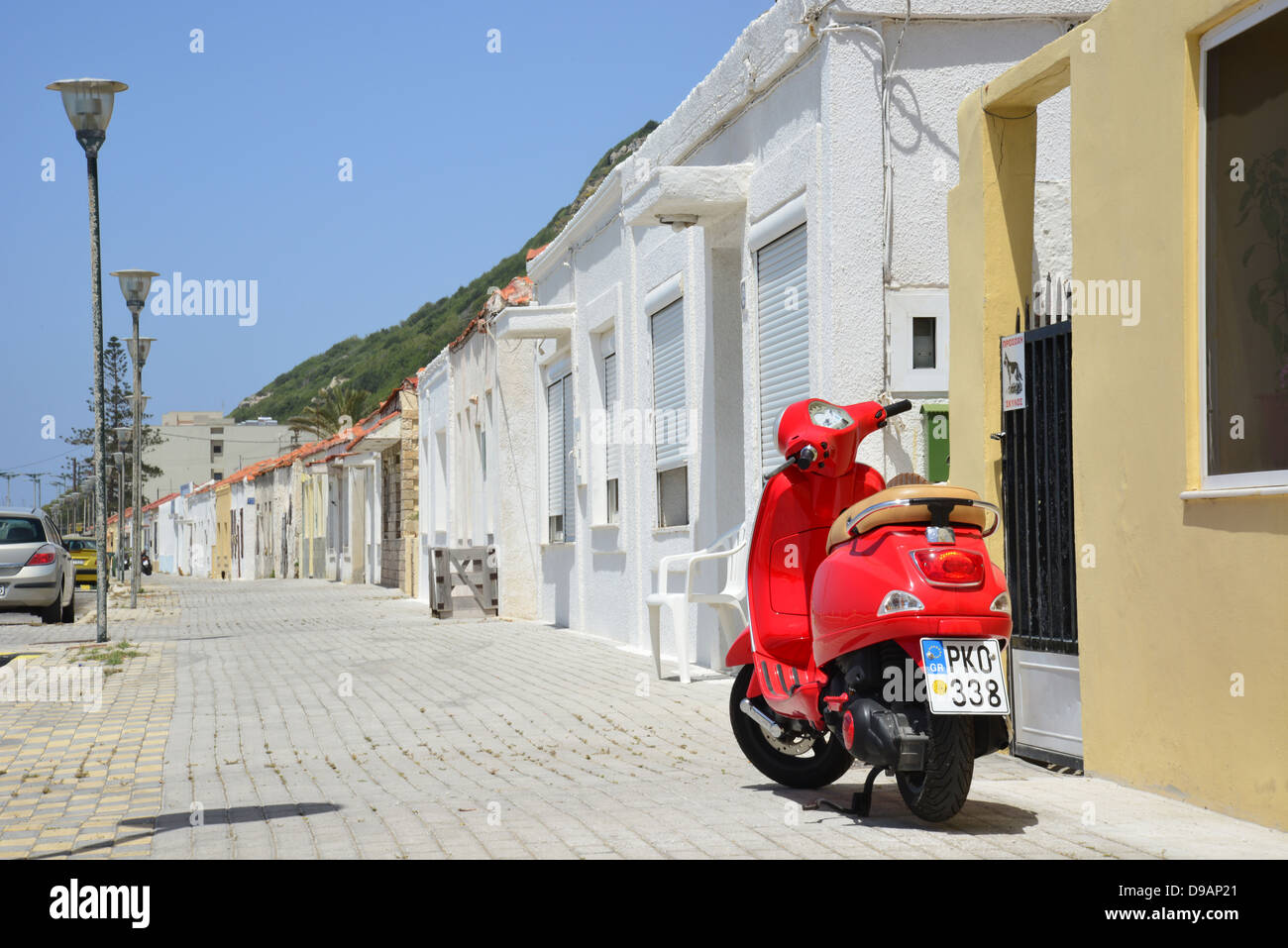Reihe am Strand Häuser, Kritika, nr. Rhodos Stadt, Rhodos (Rodos), die Dodekanes, Region südliche Ägäis, Griechenland Stockfoto