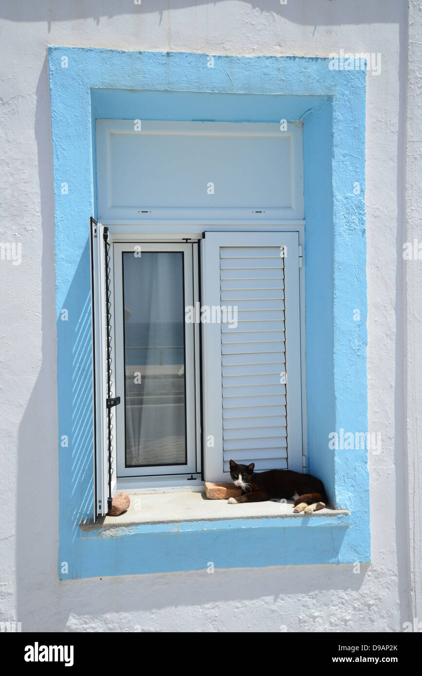 Katze im Fenster von Haus direkt am Strand, Kritika, nr. Rhodos Stadt, Rhodos (Rodos), die Dodekanes, Region südliche Ägäis, Griechenland Stockfoto