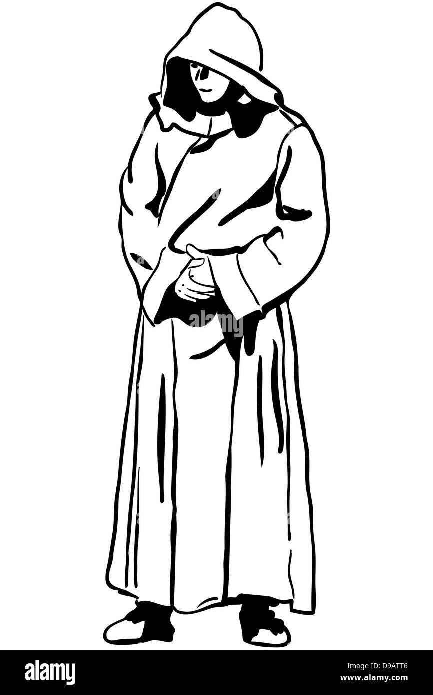 Skizze eines Mannes in Mönchs Haube Stockfoto