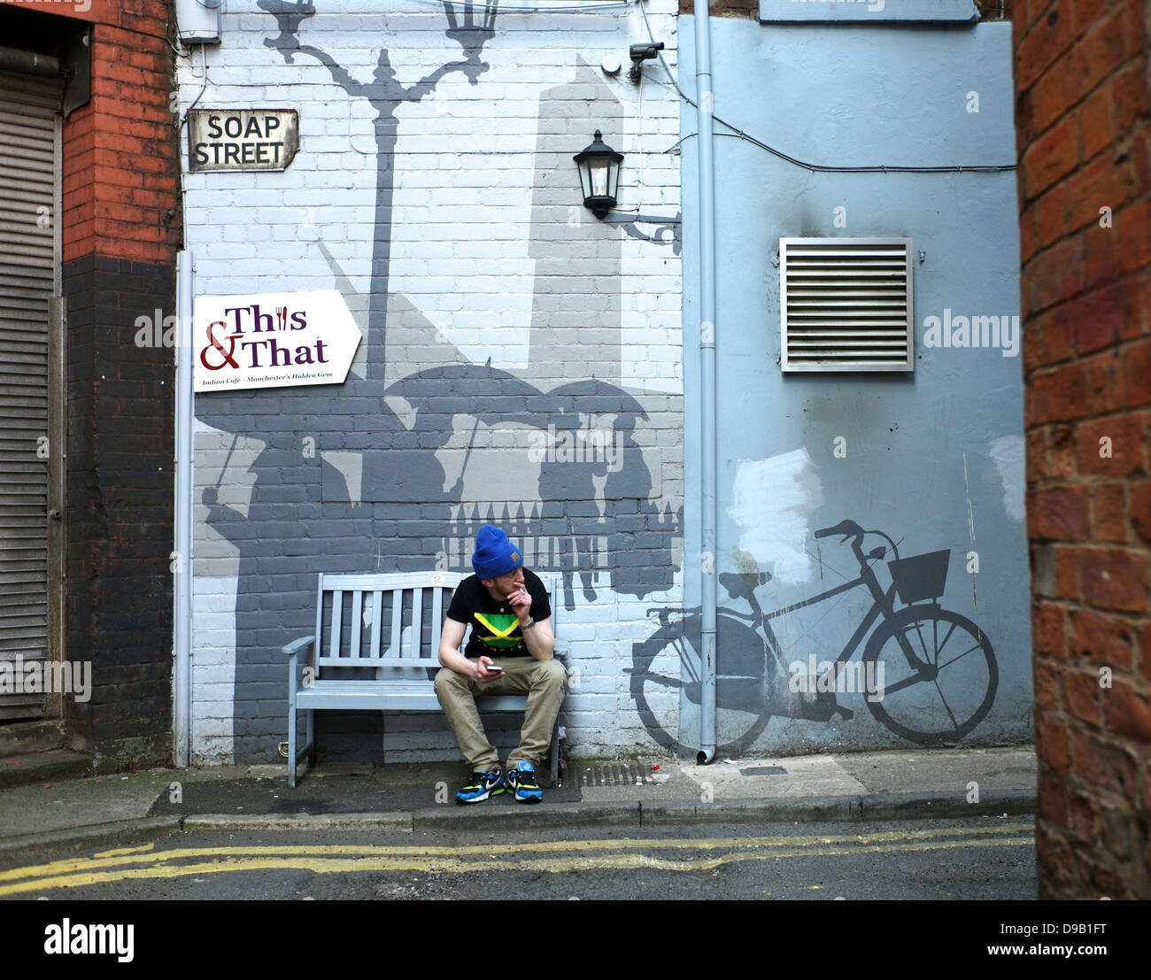 Kunstwerk in Soap-Straße im Northern Quarter, Manchester Stockfoto