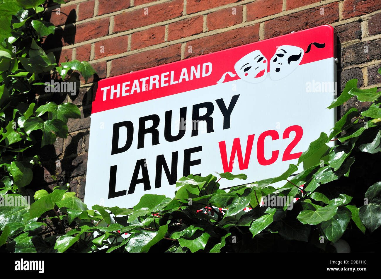 London, England, Vereinigtes Königreich. Drury Lane Straßenschild, Theatreland Stockfoto