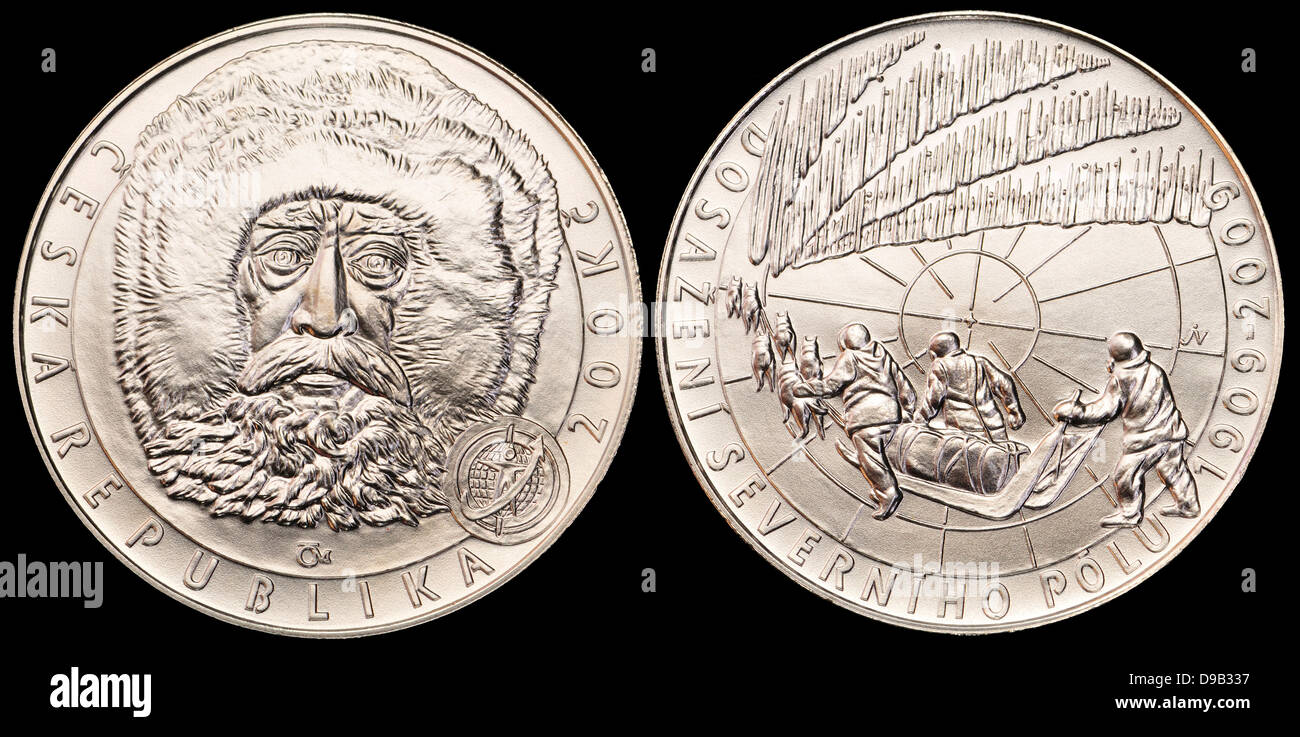 200Kc Silber-Gedenkmünze aus der Tschechischen Republik. 100. Jahrestag der Explorer Robert Peary erreicht den Nordpol Stockfoto