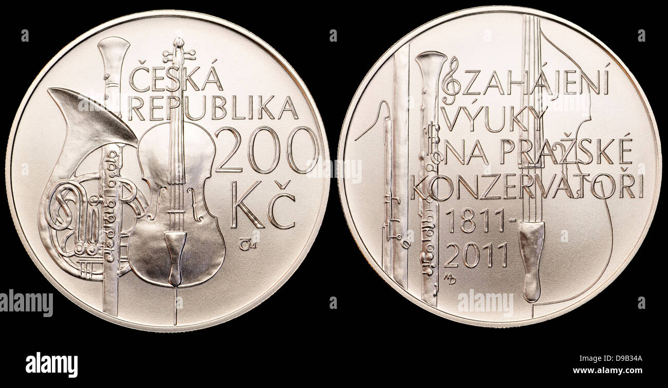 200Kc Silber-Gedenkmünze aus der Tschechischen Republik. 200. Geburtstag des Prager Konservatoriums Stockfoto