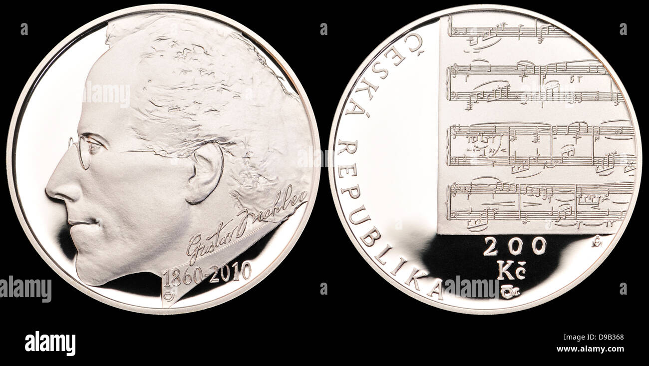 200Kc Silber-Gedenkmünze aus der Tschechischen Republik. 150. Geburtstag des Komponisten Gustav Mahler Stockfoto